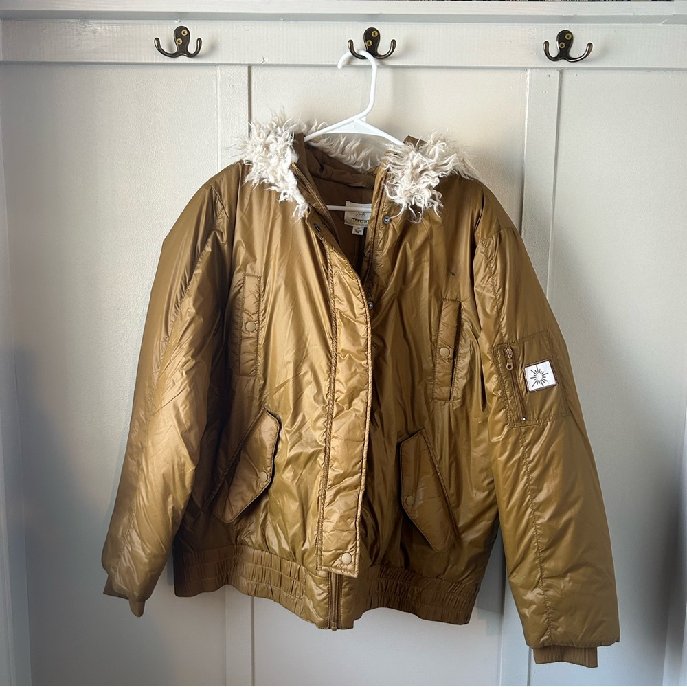 Offline by Aerie Puffer Jacket Mustard Faux Fur Bomber Hooded Ski Coat